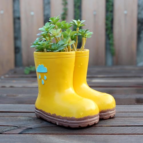 Meyas Yellow Rain Boots Flower Pot Rain Boot Garden Planter Ornament Rain Boots Flower Pot Resin Cute Boots Planter Pot Decorative Succulent Planter Pot with Drainage Hole Boots Flower Vase Gift