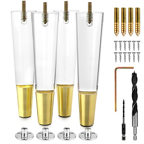 Acrylic Furniture Legs With Gold Caps - Mid Century Legs For Couch, Sofa, Chair, Table, Dresser, Bed, Cabinet - Furniture Feet Are Easy To Install & Include Installation Hardware - Set Of 4, 8 Inches #TOP8