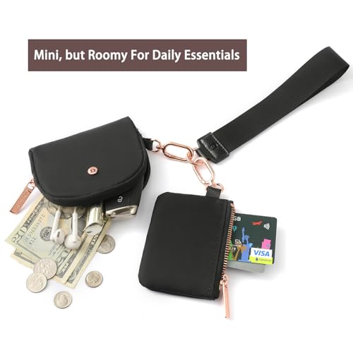 Image of Keychain Wallet Mini Zip Around Wristlet Wallets for Women Detachable Dual Pouch Wristlet Portable Coin Purse Small Wallets With RFID Blocking (Black & Rose Gold Hardware)