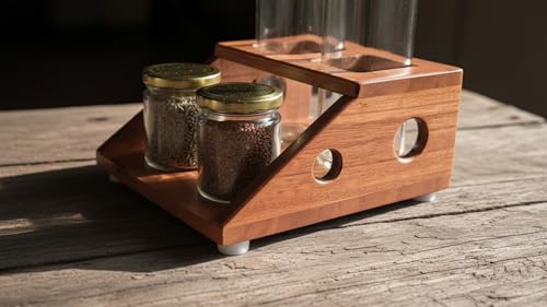 Image of WOODFARM Countertop Natural Wood /Wooden Rack /Stand for 1 Ltr Square Shape Oil Bottle /Dispenser, Seasoning Storage Holder /Organizer - 2 Holes (Size - 3.25 inch * 3.25 inch)
