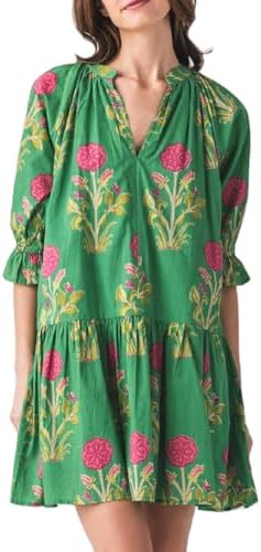 Lordree Women Boho Ruffle Sleeve Mini Dress Summer Trendy Floral Print Short Sleeve V Neck Cute Babydoll Loose Flowy Dress, #C Green, M