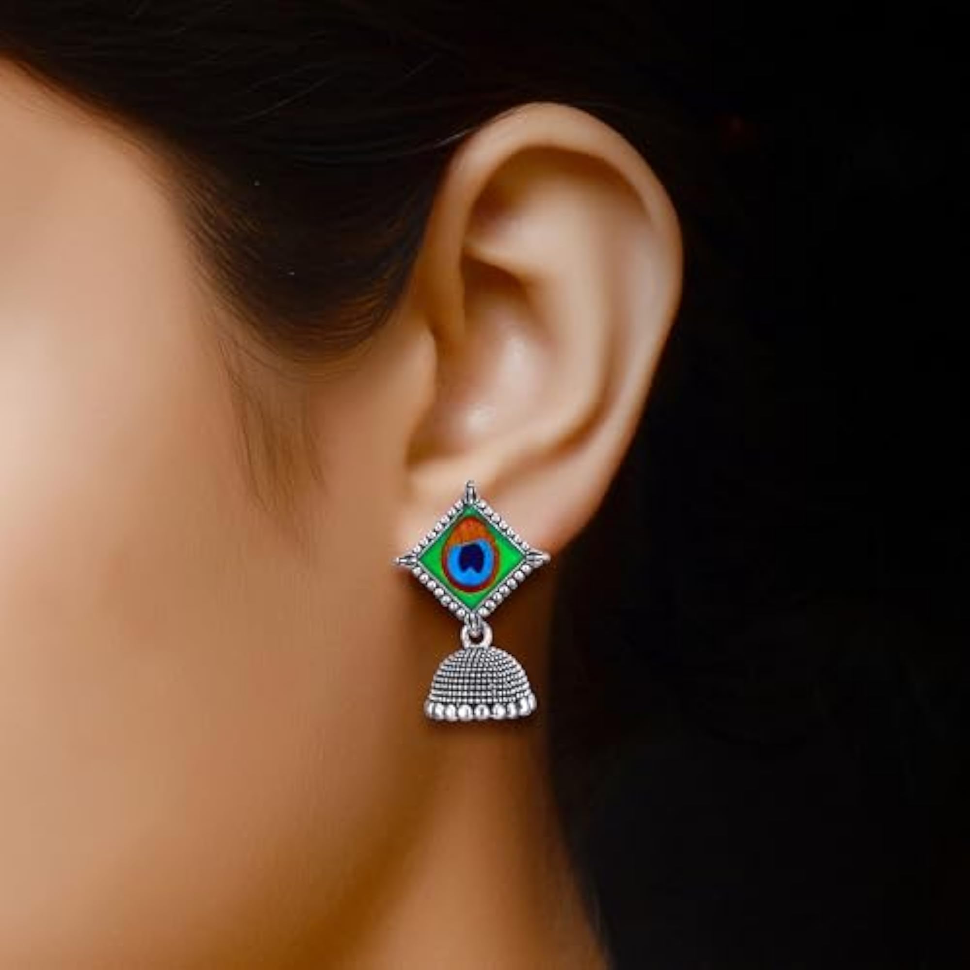 Women's Oxidised Silver Butterfly Jhumka Earrings with Pearl Accents
