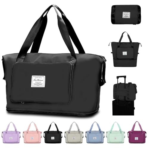 Image of Large Capacity Folding Travel Tote Bag, Oxford Fabric Waterproof Lightweight Foldable Travel Duffel Bag, Portable Expandable Travel Bag, Dry and Wet Separation Carry On Bag for Airplanes (Black)