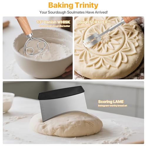 Danish Dough Whisk【Set of 3】Wooden Bread Whisk with Stainless Steel Hook, Dough Scraper & Lame Scoring Tool Blades - Sourdough, Pizza, Pastry Baking Supplies - Dutch Whisk & Dough Cutter Kit.