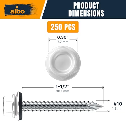 Image of ALBO 250 Pcs #10 x 1-1 /2 inch White Metal Roofing Screws, EPDM Washers | High-Low Threads Help Prevent Loosening, Leak-Resistant Seal, Sharp Point Helps Skip Pilot Holes, Hex Bit Included