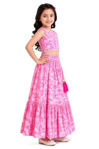 Image of Girls Floral Printed Crop Top and Lehenga Skirt Set