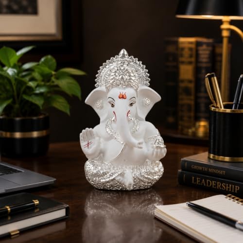 Image of Gold Art India Ganesha Idol 999 Silver Plated White Finish Lord Ganesh Murti for Home Decor, Car Dashboard, Mandir & Office | Premium Ganesh Statue for Diwali, Wedding & Spiritual Gift | 3.5 Inch