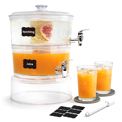 LISI 2-Tier Beverage Dispenser, 2 Gallon Stackable Drink Dispenser with Stand Ice Cores & Infusers, BPA-Free Clear Plastic Double Beverage Server for Parties, Events & Home Use