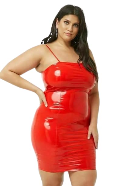 Plus Size Womens Slinky PVC Leather Wet Look Vinyl Night Club Disco Mini Bodycon Dress Top (Red, 12-14)
