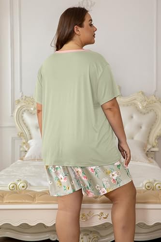 Image of Vozanet Women's Short Sleeve Top and Shorts Pajama Sets Plus Size V Neck Colorful Flower Nighty Loungewear With TWO Pockets