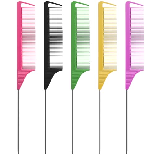 5 Pieces Hair Comb, Anti-Static Tail Combs Fine Tooth Combs Pin Tail Salon Barber Hairdressing Comb with Stainless Steel Handle Hair Comb for Women Men