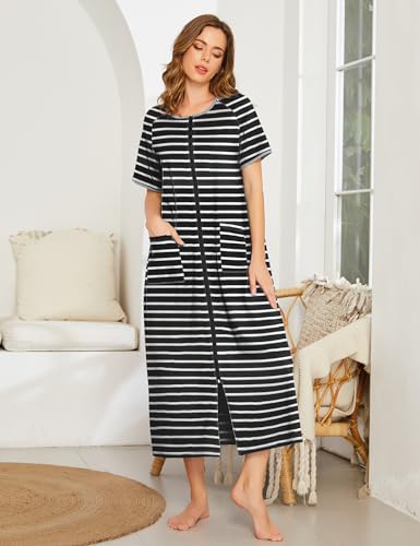 Image of Ekouaer Women Robe Zipper Short Sleeves Full Length House Coat with Pockets