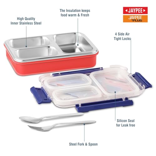 Image of JAYPEE Toon Box 3 Marvel Series Spider Man Inner Stainless Steel Insulated 3 Cavity Lunch Box for School Kids |Airtight Leakproof Tiffin Box with 2 Additional Lock |100% Food Grade|625 ml,Red