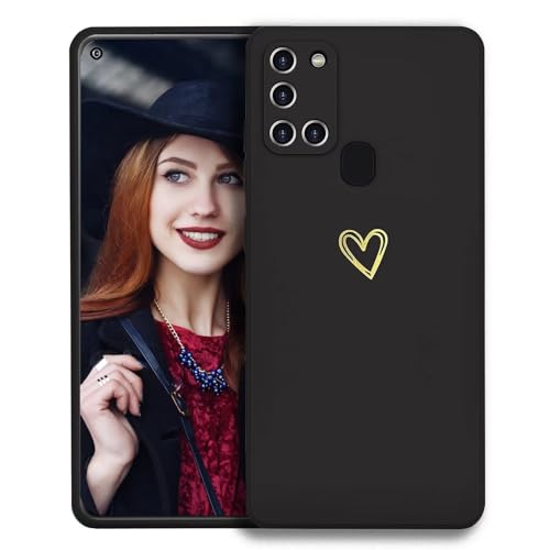 POUHYE Cover per Samsung Galaxy A21S Custodia Originale, Gomma Gel di Silicone Liquida Cover con Protezione Fotocamera, Morbida Sottile e Antiurto AntiGraffio Case con Motivo a Amore Cuore Nero