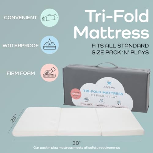 Waterproof Pack and Play Mattress Topper | 38" x 26" x 1.5" | Trifold Style - Breathable Soft Plush Foam - Portable Mattress Topper - Baby Foam Mattresses for Babies
