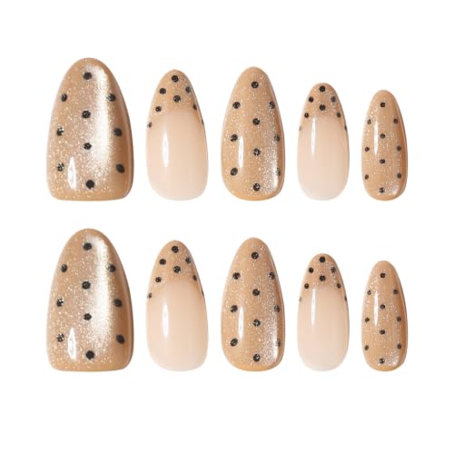 Image of Polka Dot Press on Nails Glitter Fake Nails Medium Almond Nails Press ons | French Tip False Nails with Design Shiny Glossy Full Cover Stick on Nails for Women Manicure 24Pcs,Reusable,Easy Apply