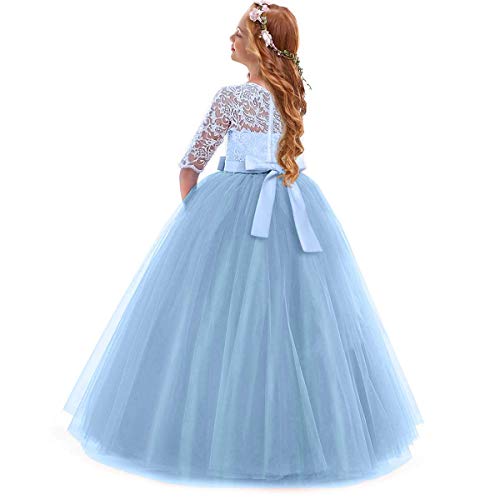 Image of Girls Flower Vintage Floral Lace 3 /4 Sleeves Floor Length Dress Wedding Party Evening Formal Pegeant Dance Gown