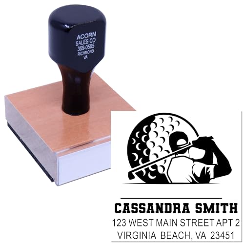Image of Golf Swing Silhouette Wood Handle Address Stamp - Classroom and Home Use | Golfer Gift Stamp. Any standard pad works. Ink Pad Hand Stamp. Your name and address. Laser-cut lettering. Nothing preset.