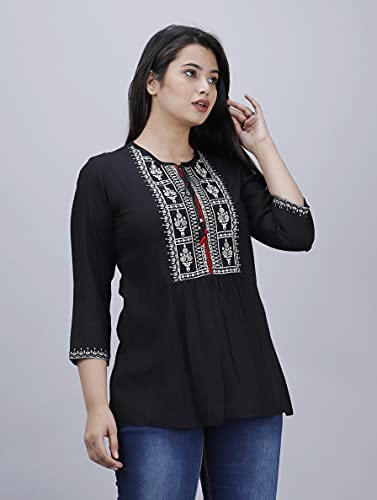Image of Women's Rayon Regular Kurti (Small, Black Front PRINTEX-03)