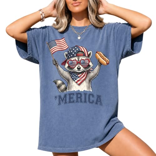 Patriotic Raccoon Shirt Gift for Women Funny Merica Raccoon Graphic Tee Fourth of July Animal T-Shirt (US Alpha Large Regular Regular BLUEJEAN)