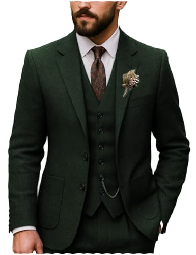 Vintage Men's Suits Regular Fit 3 Piece Tuxedos Tweed Herringbone Blazer Vest Pants for Wedding Groomsmen2