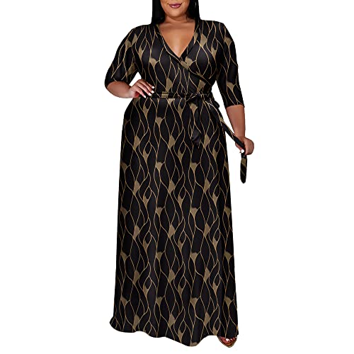 Image of Runwind Plus Size Dresses for Women Floral Maxi Dress Flowy 3 /4 Sleeve with Belt