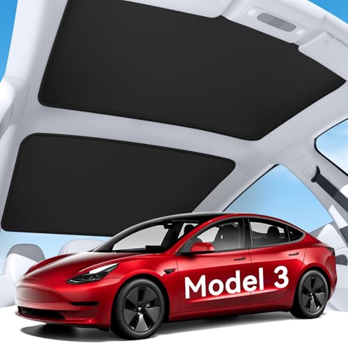 Image of 2026 Upgrade Sunshade Roof for Tesla Model 3 2021-2026, [Graphene Infused Fabric & UPF 50+ & No-Sag] 1:1 Fit Heat Insulation Glass Roof Sun Shade for Tesla Model 3 Accessories, Black, 2PCS