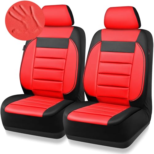 Image of CAR PASS Leather Car Seat Covers Front Seats Only, Universal Fit Automotive Interior Waterproof 3D Foam Back Support Car Seat Covers for Trucks Vans and SUVs Airbag Compatible 2 Pieces （Black Red