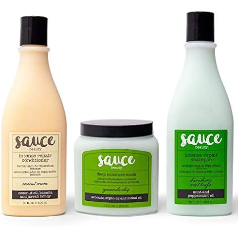 Sauce Beauty Hair Trio Gift Bundle - Chimichurri Mint Tingle Repair Shampoo + Coconut Cream Repair Conditioner + Guacamole Deep Moisture Hair Mask Cover