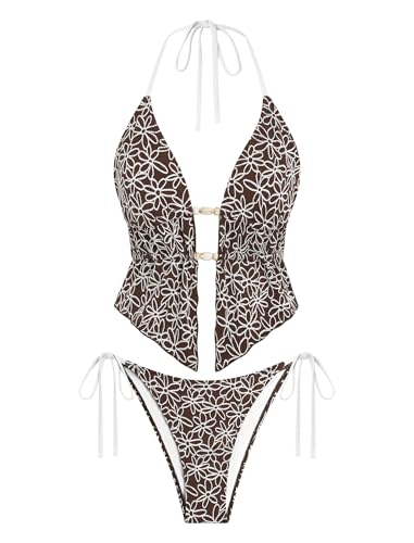 Image of ZAFUL Halter Swimsuits for Women Textured Backless 2 Piece Bathing Suits Cheeky High Cut String Tie Side Bikini Sets