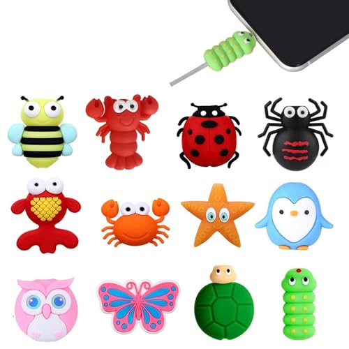 12 Stück Kabelschutz Tiere, USB Ladekabel Schutz, Kabelbruch Schutz, Tiere Kabel Silikon Protector, Ladekabel Saver, Kabelschutz Niedlichen Tierbeißen, für USB Ladekabelbruchschutz, iPad-Ladegeräte