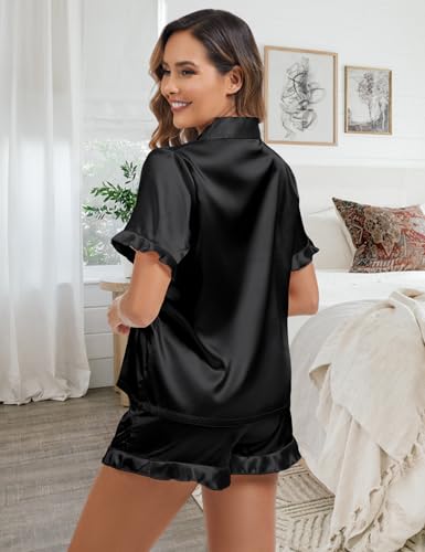 Image of Satin Pajamas Set For Women 2Pcs Ruffled Silk Pj Button Down Pajama Sleepwear Loungewear Summer Nightwear