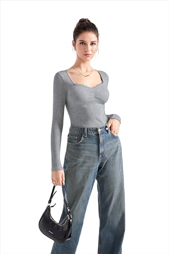 Image of SUUKSESS Women Sweetheart V Neck Long Sleeve Tops Lace Trim Ribbed Modal Fall Going Out Shirts