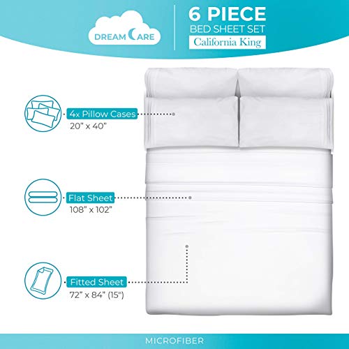 Image of DREAMCARE California King Sheet Sets - 6 pcs Breathable Cooling Sheets | up to 15 inch Extra Deep California King Sheets with Side Pockets - Extra Soft 100% Double Brushed Hotel Luxury Bedding - White