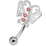Monster Piercing Pierre en Cristal Rouge Papillon en Argent Sterling avec Calibre 16 Banane Acier Chirurgical sourcil Bar Piercing