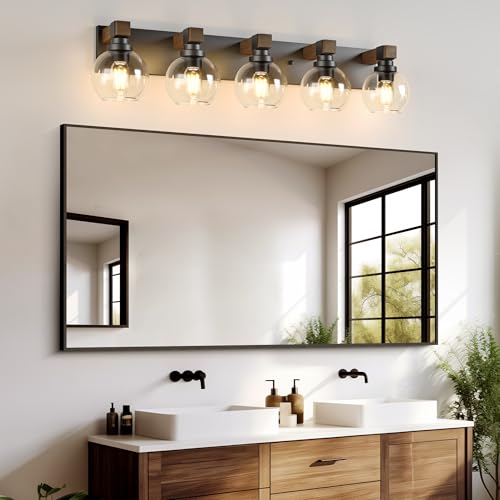 Image of LmnLvn Farmhouse 5-Light Bathroom Vanity Light, Wood & Metal Glass Shade