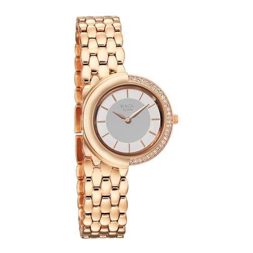 Image of Titan Raga Chic Glam with Quartz Analog FINE Vertical Satin + White Paint Dial Rose Gold Strap Watch for Women - 95392WM01