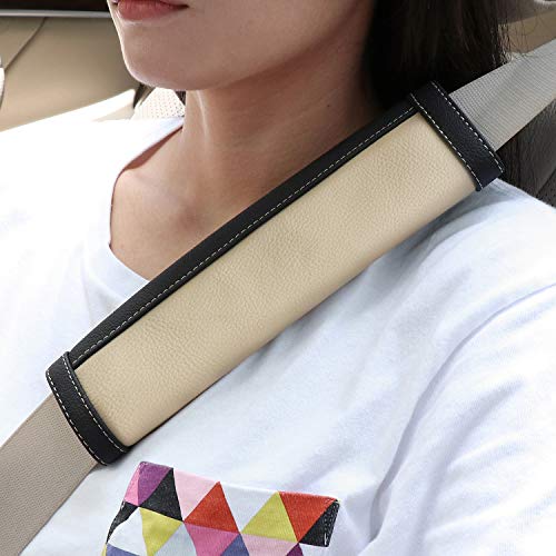 SEG Direct Coussinets de ceinture de sécurité de voiture, coussinets d'épaule de ceinture de sécurité en cuir pour adultes et enfants, lot de 2, Noir et beige Cover