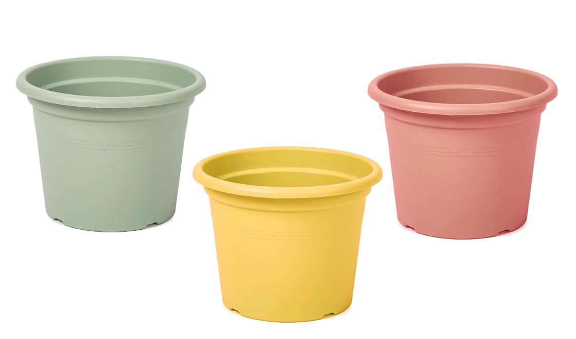 Muddy Hands Set of 3 Pastel Plant Pots – Yellow, Pink & Green Plastic Planters – Indoor Outdoor Flower Pots – Modern Herb, Succulent & House Plant Pots (20cm)