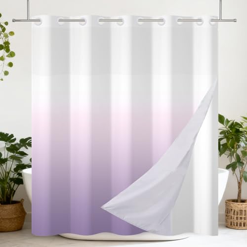 Cortina de Ducha sin Ganchos Color Lila Degradado pálido a Morado, Moderna Cortina de baño de Doble Capa con Forro a presión, Impermeable, Suministros Decorativos para bañera, 180x188cm