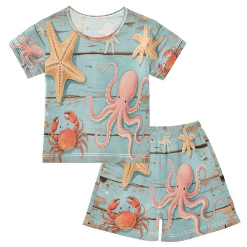 Wooden Board Sea Life Kids Pjs Set Boys Girls Summer Short-Sleeve Sleepwear Pajamas 2PCS