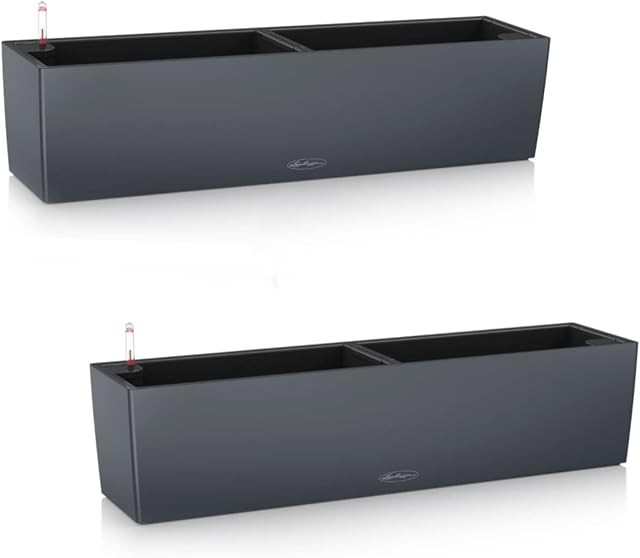 Lechuza Set of 2 BALCONERA Color 80 Self Watering Planter Indoor/Outdoor Flower Plant Pot Table and Window Box with Drainage Hole and Plant Substrate Poly-Resin H19 L80 W19 cm Slate
