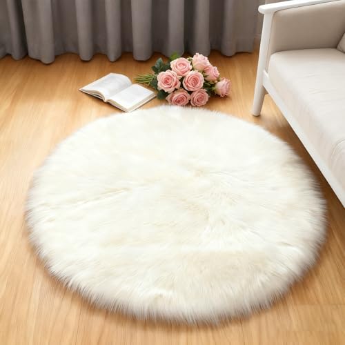 Wsetyy White Fluffy Rug Round, 50X50cm Fluffy Plush Rugs, Deep-Pile Area Carpet Soft Faux Fur, for Girls Bedroom Living Room Lounge (White)