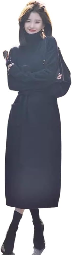 LIXINGHEITANG Style and Winter Fleece Sweater Dress mid-Length Over-The- Neck Knitted with Layer