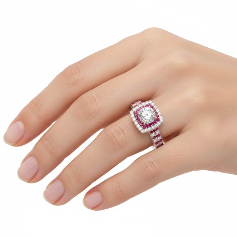 Image of 55Carat Choose Your Gemstone Double Band Square Halo Diamond CZ Ring 18K Rose Gold Plated Round Shape Halo Engagement Rings Everyday Jewelry Wedding Jewelry Handmade Gifts for Wife US Size 4 to 12