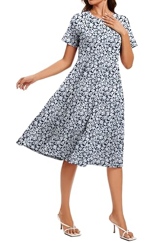 Image of Womens Summer Short Sleeve Crew Neck Midi Dress 2026 Casual Fit Flowy Tiered Beach Vacation Sundress with Pockets