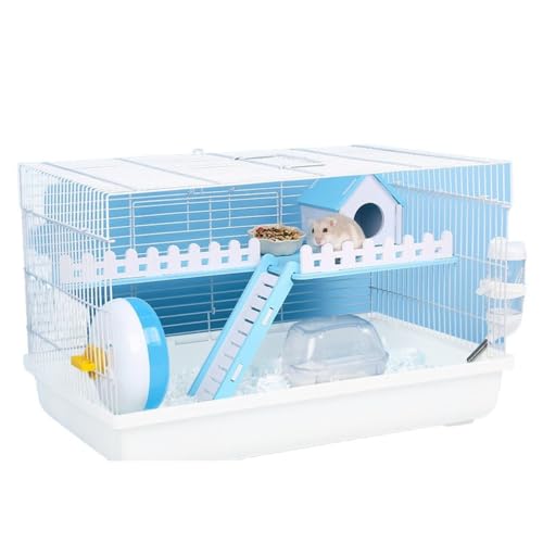 Sandqvipaハムスターケージ、小動物ハウス8点セット、大きな金網、お手入れ簡単、通気性、透明、深めのトレイ、バスルーム、ランニングホイール、噴水、ボウル、木製ハウス、組み立て簡単 (【8点セット】小型ランニングホイールタイプ すぐに使用可能 - ブル