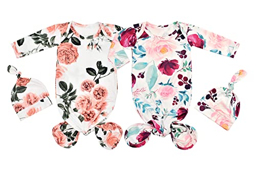 Image of Giggle Angel Newborn Baby Sleeper Gown Knotted Gown Baby Girl Coming Home Outfits 2-Piece Gown and Hat Set