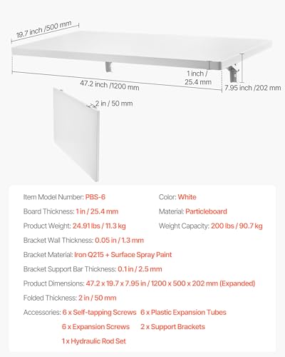 Image of VEVOR Wall Mounted Folding Table, 47.2 x 19.7 inches Wall Mount Table, Floating Desk with Iron Bracket, Fold Down Desk for Small Spaces, Home Office, Dining, Laundry Room, Kitchen, Bar, White