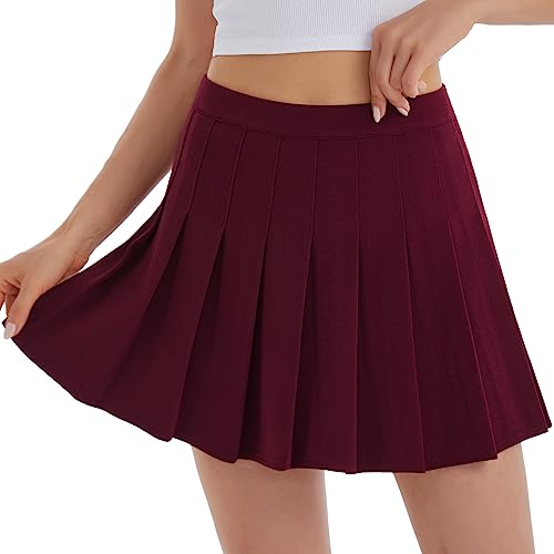 DJT FASHION Frauen Mädchen Kurze hohe Taille gefaltete Skater Tennis College Schule Rock mit Shorts Weinrot XS